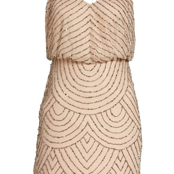 NEW Adrianna‎ Papell Beaded Mesh Blouson Dress in Taupe Pink [ 0 4 6 10 12 14 ] - Picture 12 of 16